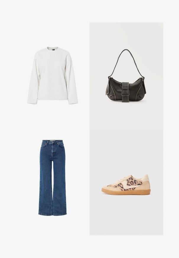 Sweatshirt blanc à manches longues avec un col rond, coupe décontractée et texture douce. Aucun motif visible ni détail matériel.; Jean en denim bleu taille haute avec jambes larges, comprenant un design traditionnel à cinq poches, une fermeture à bouton en métal et des coutures contrastées.; Baskets en imprimé léopard avec tige en suède beige, semelle en caoutchouc tan et accents blancs. Bout rond et design à lacets avec une finition texturée.; Sac à épaule en cuir noir avec une sangle à boucle, des bords arrondis et des coutures blanches contrastées sur un fond uni.