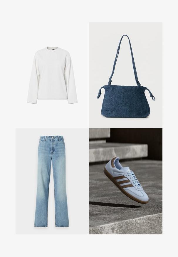 White long-sleeve sweatshirt featuring a round neckline, relaxed fit, and soft texture. No visible patterns or hardware details.; Good American GOOD CARPENTER - Wide Leg - indigo; Light blue sneaker with brown suede accents, featuring three lateral stripes, flat laces, and a textured gum sole. Brand logo on tongue.; Dark blue denim shoulder bag with knotted strap ends and a simple rectangular shape against a white background.
