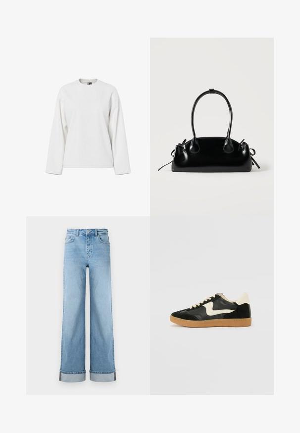 White long-sleeve sweatshirt featuring a round neckline, relaxed fit, and soft texture. No visible patterns or hardware details.; Light blue wide-leg jeans in classic denim with a high waist, featuring rolled hems and visible stitching.; Black suede and leather sneaker with a cream side swoosh and light cream heel. Features beige laces and a gum rubber outsole.; Small black glossy handbag with two long handles and side drawstring details on a plain light background.