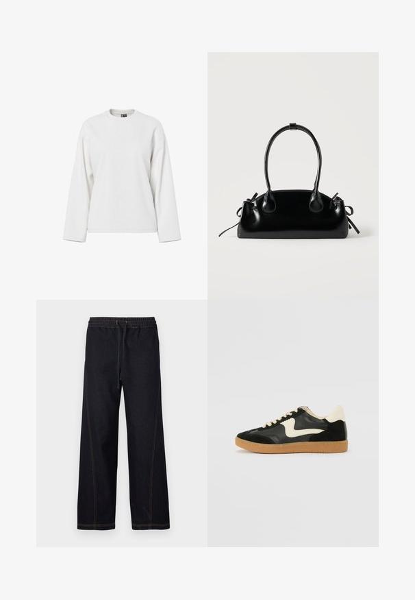 Sweatshirt blanc à manches longues avec un col rond, coupe décontractée et texture douce. Aucun motif visible ni détail matériel.; Pantalon en denim foncé à jambes larges, doté d'une taille élastique avec cordon de serrage, de coutures orange contrastantes et de lignes droites et épurées.; Baskets en daim et cuir noir avec un swoosh latéral crème et un talon crème clair. Dotées de lacets beige et d'une semelle en caoutchouc gomme.; Petit sac à main noir brillant avec deux longues anses et des détails à cordon sur les côtés sur un fond clair uni.