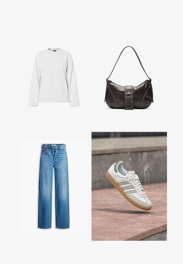 Weißes Sweatshirt mit langen Ärmeln, runder Ausschnitt, lockerer Passform und weicher Textur. Keine sichtbaren Muster oder Hardware-Details.; Blaue Denim-Jeans mit hoher Taille, weitem Bein-Design und Fünf-Taschen-Stil. Sie verfügen über einen Knopfverschluss und ein verwaschenes Finish.; Weißer Adidas Samba Sneaker mit hellgrünen Streifen und Gummisohle, der über einer Steinoberfläche im Freien schwebt.; Braune Lederumhängetasche mit gebogener Form, die mit einem auffälligen Schnallendetail, kontrastierenden Nähten und einem einzigen Schulterriemen ausgestattet ist.
