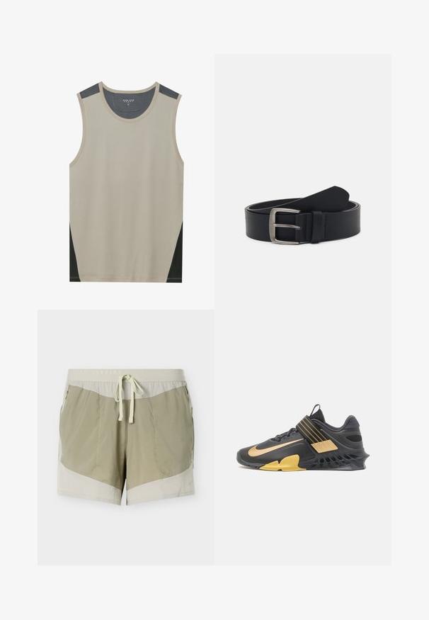 Beige ilma varrukatega tank top tumehallide õlavarrekaunistustega ja mustade külgpaneelidega. Sile tekstuur ümmarguse kaelusega.; Heledat oliivrohelised ja beežid spordipüksid elastse vöökoha, ees oleva paelaga, küljetaskute tõmblukkude ning vasaku sääre küljes Nike logoga.; Mustmust muddavärk, millel on kuldsed detailid, riie ja sünteetilised materjalid, ainulaadne tekstureeritud tall, reguleeritav rihm keskjalas ja pehmendatud krae.; Mustast nahkrihm hõbedase metallitukkiga, millel on sile viimistlus ja klassikaline disain. Rihm on keritud, mille ots on suunatud ülespoole.