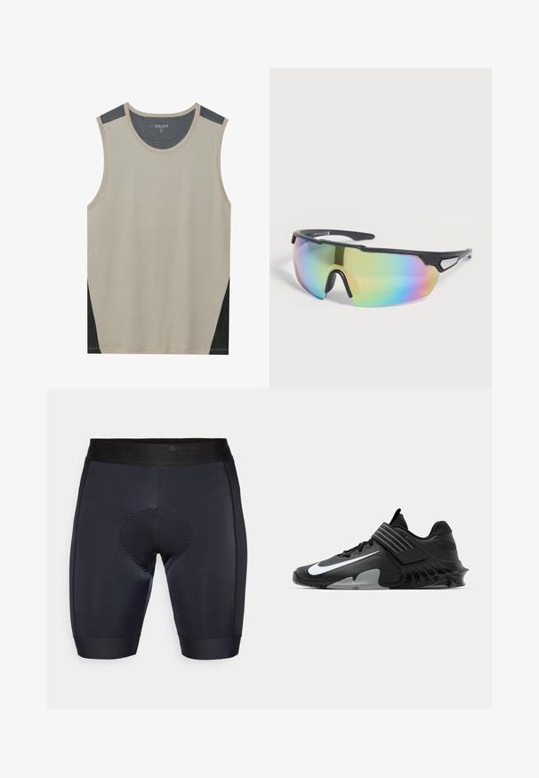 Beige ærmeløs tanktop med mørkegrå skulderdetaljer og sorte sidelapper. Glat tekstur med en rund halsudskæring.; Sorte cykeltights med en glat tekstur, med en polstret sektion i midten og et sort elastisk bælte med "GripGrab" branding.; Sorte sportsko med et strømlinet design, der har et fremtrædende hvidt Nike-logo, teksturerede overflader og en karakteristisk støbt sål.; Sorte sportsolbriller med enkelt, stort linse med regnbuetone og ventilerede stel, der hviler på en lys overflade.