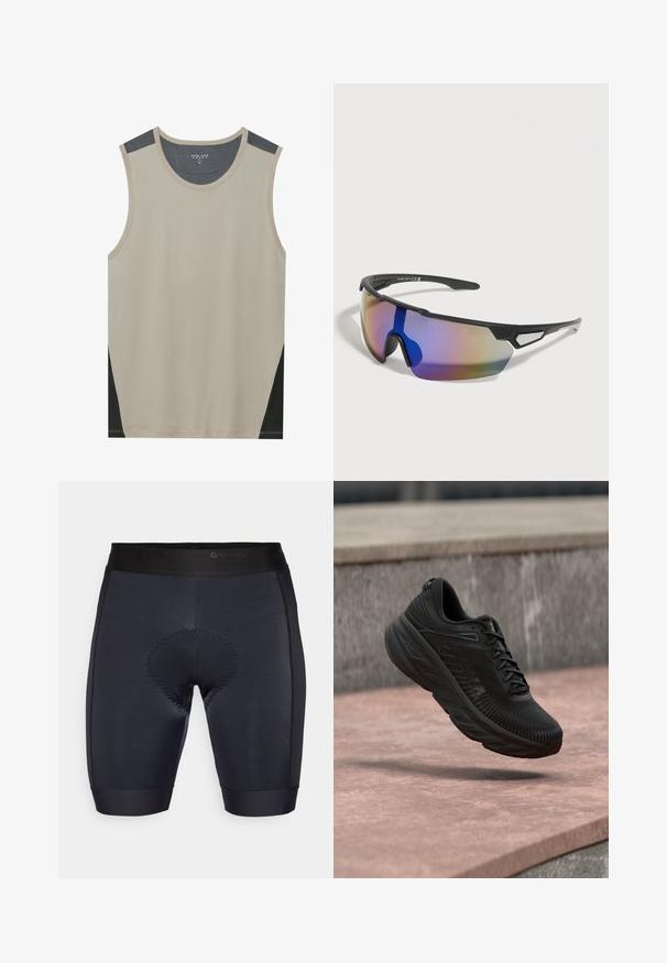 Top sin mangas en color beige con acentos de hombro en gris oscuro y paneles laterales en negro. Textura suave con un escote redondeado.; Mallas de ciclismo negras con una textura suave, que presentan una zona acolchada en el centro y una cinturilla elástica negra con el logo "GripGrab".; Zapato deportivo negro con suela gruesa flotando sobre una superficie de concreto rosa y gris al aire libre.; Gafas deportivas con montura negra, lente única curva tintada con colores del arcoíris y ventilaciones laterales triangulares abiertas sobre fondo blanco.