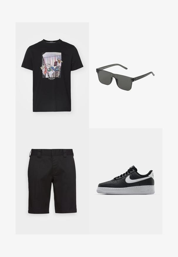 T-shirt en coton noir arborant un graphique de baskets suspendues à une ligne sur un fond clair, avec le texte "WEEKEND OFFENDER" en dessous.; Shorts noirs en tissu lisse, avec une coupe droite, deux poches arrière, une taille plate et des passants de ceinture. Pas de motifs ni d'accents visibles.; Baskets en cuir noir avec surface texturée, swoosh Nike blanc, semelle grise, bout rond et design à lacets. Comprend des perforations sur la boîte à orteils.; Lunettes de soleil grises de forme rectangulaire, fabriquées en plastique translucide. Verres foncés et branches fines avec un subtil détail de logo sur le côté.