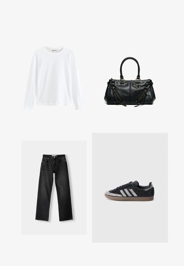 Witte lange mouwen T-shirt van katoen, met een ronde hals en een eenvoudig ontwerp, met een gelijkmatige textuur en geen zichtbare patronen of accenten.; Bershka Straight leg jeans - mottled dark grey; Zwarte sneaker met fonkelende zilveren accenten en drie witte strepen. Heeft een laag model, een gestructureerd bovenwerk en een bruine rubberen zool.; Zwarte leren handtas met twee hengsels, twee schuine ritssluitingzakken met kwastjes en goudkleurige metalen ringen en studs.