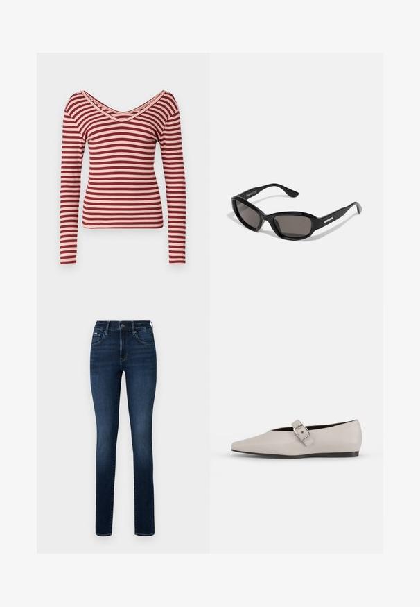 Camisa de manga larga a rayas en rojo y rosa pálido, con un escote en V profundo, textura acanalada y diseño ajustado.; Pantalones vaqueros azul oscuro de denim, con corte recto, diseño de cinco bolsillos y un botón en la cintura.; Zapato plano de cuero beige con punta afilada, un detalle de hebilla lateral y suela negra baja. Textura suave y diseño minimalista.; Gafas de sol negras con montura rectangular, lentes oscuros, material de plástico suave y un acento metálico en la patilla.
