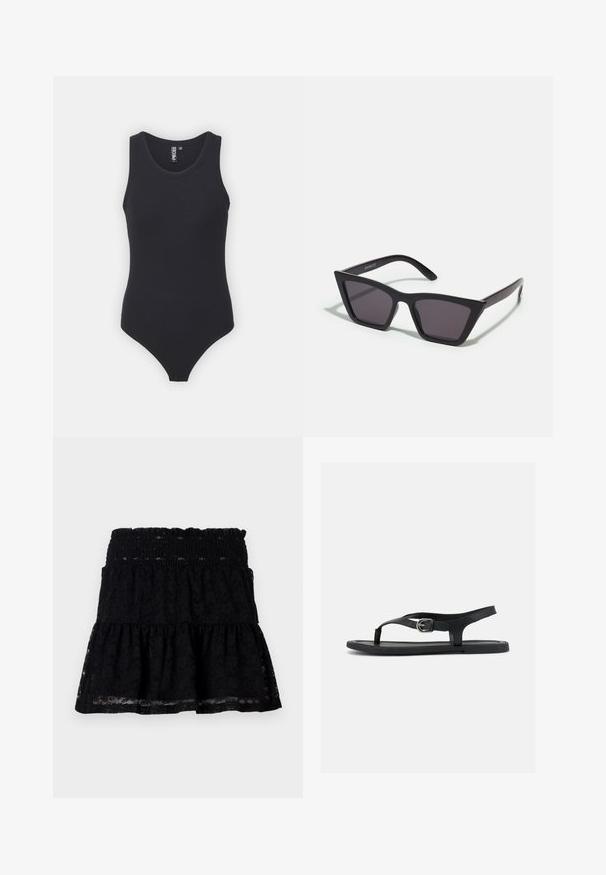 Bodysuit noir à côtes avec un col rond et un design sans manches, de forme ajustée et avec une ouverture de jambe haute.; Jupe en dentelle noire avec une taille élastique. Caractéristiques d'un design évasé et à plusieurs niveaux, avec une texture transparente, créant une apparence en couches.; Sandale plate noire avec bride à la cheville, entre-doigt et boucle argentée sur semelle lisse, vue de côté sur fond blanc.; Lunettes noires angulaires avec des verres gris ; fabriquées en plastique, avec des branches épaisses à la surface lisse et sans matériel visible.