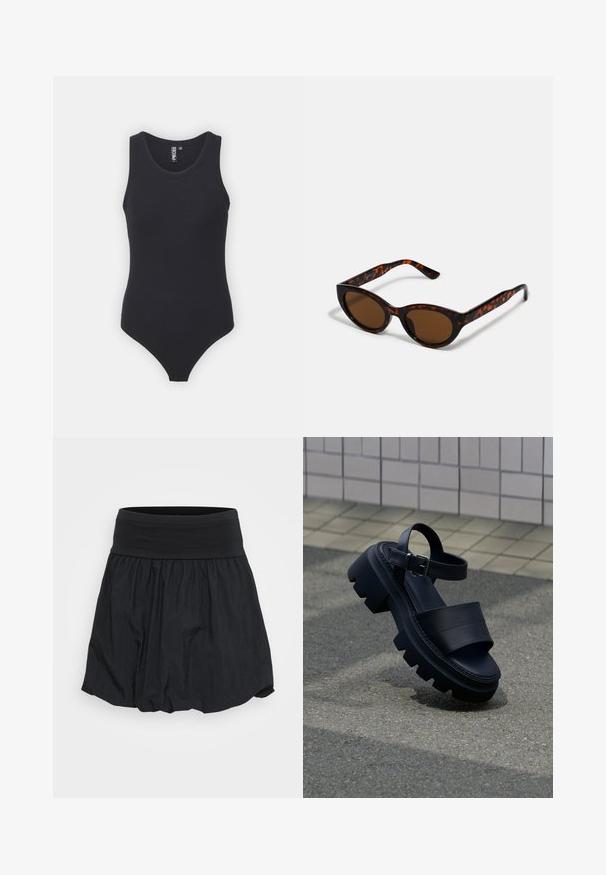 Bodysuit noir à côtes avec un col rond et un design sans manches, de forme ajustée et avec une ouverture de jambe haute.; La jupe noire présente une large ceinture élastique et un tissu léger froncé, créant une silhouette fluide avec une texture subtile.; Sandale à semelle épaisse noire avec larges brides et bride à boucle à la cheville sur un trottoir gris près d’un mur carrelé.; Lunettes de soleil en écaille de tortue marron avec une forme vintage de lunettes cat-eye et des verres marron. Présente des branches courbées avec des accents rouges.