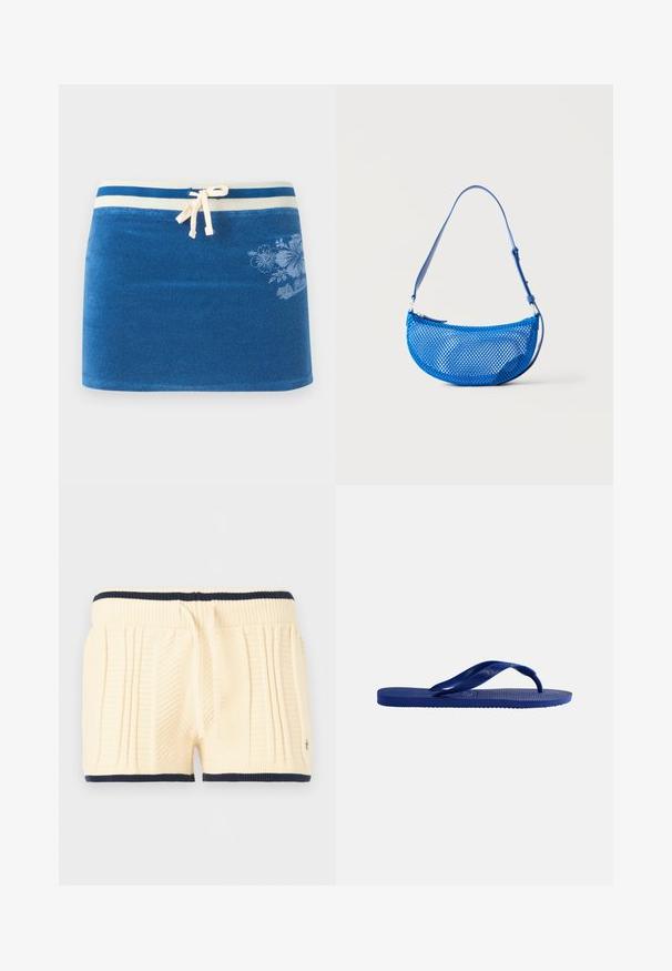 Jupe en éponge bleue avec ceinture rayée blanche, cordon à l'avant et imprimé floral subtil sur le côté droit.; Shorts en maille crème avec bordure marine, taille côtelée, cordon de serrage et motifs verticaux texturés à l'avant.; Une sandale tong bleue avec semelle texturée et bride en Y, vue de profil sur un fond blanc uni.; Sac à bandoulière bleu en mesh avec sangle réglable et fermeture éclair, présenté sur un fond blanc uni.