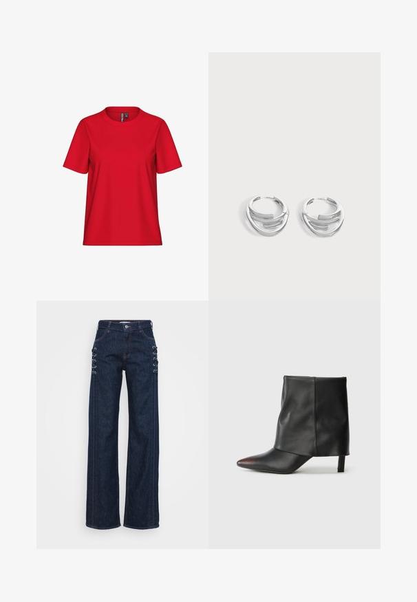 Camiseta roja de algodón de manga corta con cuello redondo. Diseño sencillo, textura suave y ajuste holgado. Sin patrones ni detalles metálicos.; Vaqueros de denim anchos de color azul oscuro con detalles de cordones en los lados, costuras naranjas en contraste y un diseño clásico de cinco bolsillos.; Botín negro de piel lisa con punta afilada y tacón cónico. La parte superior presenta un diseño ligeramente fruncido.; Par de pendientes de aro plateados pulidos con diseño de barra curva en capas sobre un fondo claro y liso.