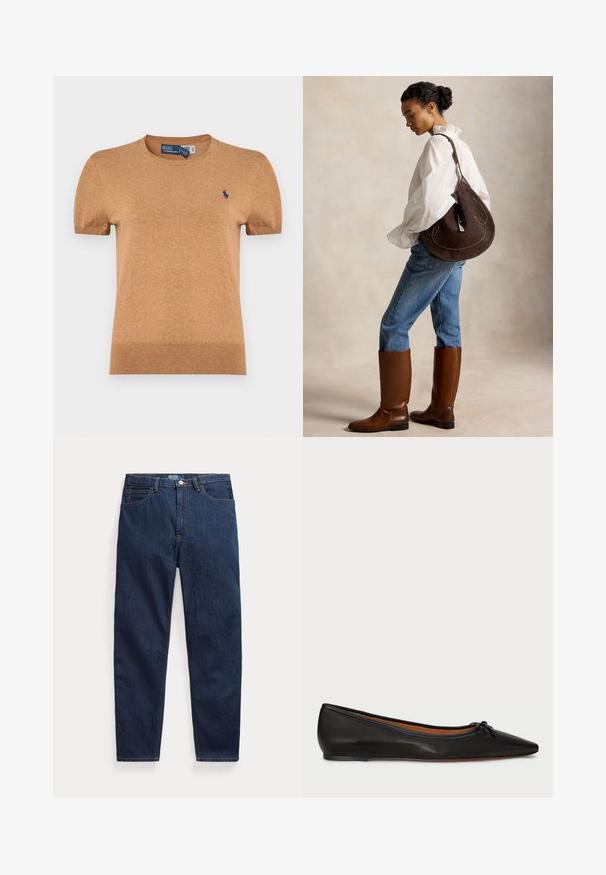 T-shirt à manches courtes, col rond, de couleur marron clair. Texture tricotée, avec un petit logo bleu sur le côté gauche de la poitrine.; Jean en denim bleu foncé avec cinq poches, fermeture par bouton et coupe droite, posé à plat sur un fond blanc.; Ballet flat en cuir noir avec un bout pointu, une silhouette élancée et un petit nœud à l'avant. Texture lisse et design minimal.; Femme en blouse blanche et jean bleu porte des bottes hautes marron et porte un grand sac à bandoulière marron foncé, debout de côté sur un fond uni.