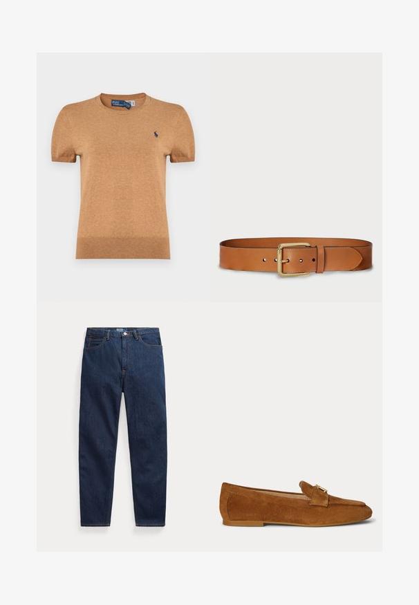 T-shirt à manches courtes, col rond, de couleur marron clair. Texture tricotée, avec un petit logo bleu sur le côté gauche de la poitrine.; Jean en denim bleu foncé avec cinq poches, fermeture par bouton et coupe droite, posé à plat sur un fond blanc.; Mocassin plat en daim marron avec un détail de boucle en métal doré sur le dessus et une semelle à petit talon.; Ceinture en cuir tan avec un large design, une boucle en métal doré et cinq trous d'ajustement. Texture lisse avec des bords cousus.
