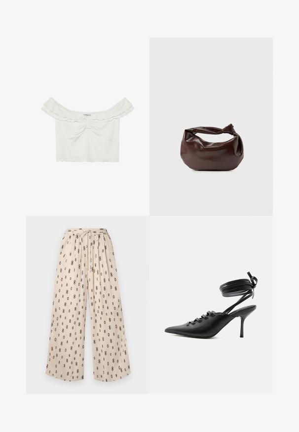 Even&Odd by Zalando Μπλουζάκι με στάμπα - white; Μπεζ παντελόνι με φαρδιά πόδια και ζωνάκι, με μαύρο διαμαντένιο σχέδιο σε όλη την επιφάνεια. Κατασκευασμένο από ελαφρύ ύφασμα για άνεση.; Μαύρο μυτερό παπούτσι με ψηλό τακούνι, με δέσιμο μπροστά και λουριά που τυλίγονται γύρω από τον αστράγαλο και δένονται φιόγκος, εμφανίζεται από το πλάι σε λευκό φόντο.; Σκούρα καφέ δερμάτινη τσάντα ώμου με μαλακό, χαλαρό σχήμα και λαβή με στριμμένο κόμπο σε απλό λευκό φόντο.
