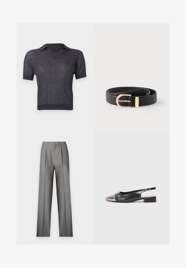 Haut court à manches courtes en maille côtelée gris foncé avec un col en V et un ourlet ajusté, étiquette Anna Field.; Pantalon gris sur mesure avec un devant plissé, une coupe droite et une texture subtile. Il présente une taille avec passants pour ceinture et aucune poche visible.; Des chaussures slingback avec une tige en cuir noir, un bout pointu en métal rose doré et un petit talon carré. Texture lisse avec un design courbé.; Ceinture en cuir noir enroulée avec une boucle ronde en ton or poli et une boucle assortie sur un fond blanc.