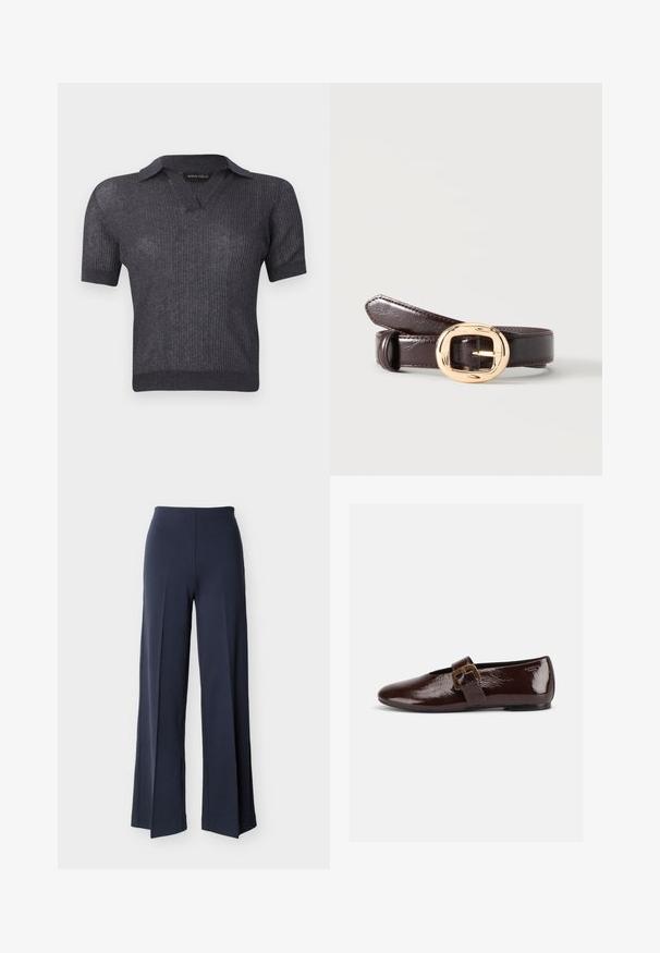 Haut court à manches courtes en maille côtelée gris foncé avec un col en V et un ourlet ajusté, étiquette Anna Field.; Pantalon large bleu marine avec fentes latérales, taille haute et devant lisse, présenté sur un fond blanc.; Chaussure plate en cuir verni marron foncé avec une large bride à boucle dorée et un bout arrondi, présentée de profil sur fond blanc.; Ceinture en cuir brun foncé enroulée avec une boucle rectangulaire arrondie dorée et brillante sur un fond uni clair.