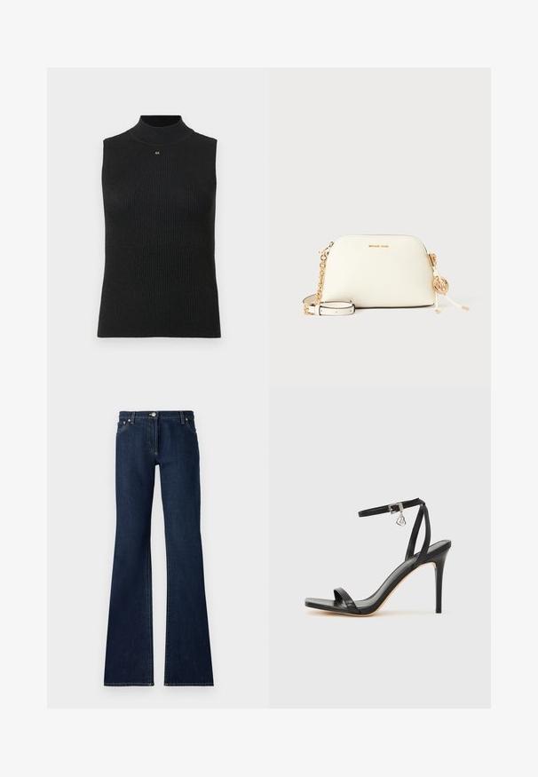 Haut sans manches à col roulé noir à côtes avec un petit logo "AX" doré centré en dessous de l'encolure, sur un fond clair.; Jean flare bleu foncé en denim, dotés d'un design à cinq poches, de passants de ceinture et de coutures jaunes contrastées le long des coutures.; Sandale à talon haut noire avec une bride étroite à la cheville, bout carré, cuir lisse et accent de boucle métallique.; Petit sac bandoulière blanc Michael Kors avec bandoulière en chaîne dorée, breloque logo et nom de la marque en or sur le devant, sur fond uni.