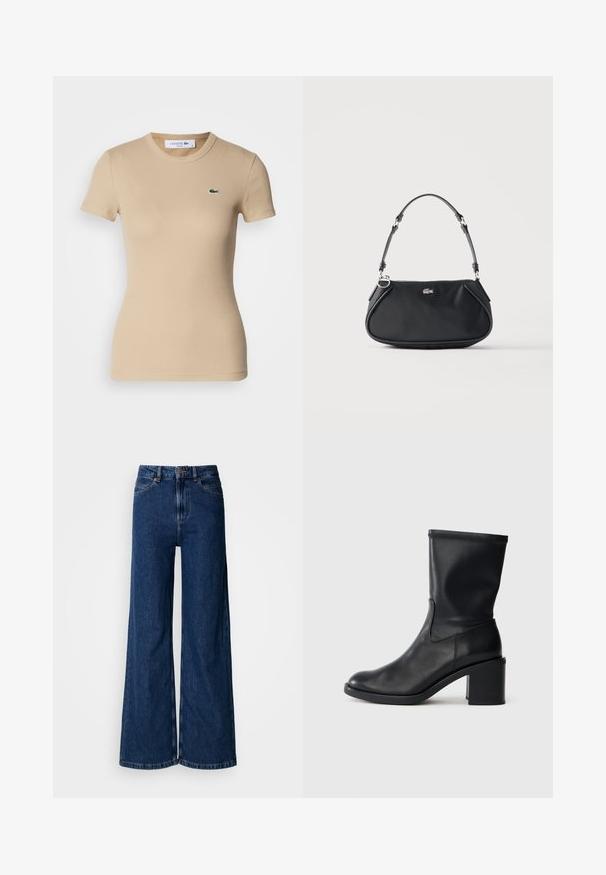 Beige gerippte Baumwoll-T-Shirt mit kurzen Ärmeln, Rundhalsausschnitt, taillierter Form und einem kleinen grünen Lacoste-Logo auf der linken Brust.; Weit geschnittene Jeans in dunkler Waschung aus Denim, mit hoher Taille, klassischem Fünf-Taschen-Design und dezenten Steppnähten entlang der Nähte.; Schwarze Leder-Ankle Boots mit runder Zehenform, glatter Oberfläche und dicker Absatz, ausgestattet mit einem eng anliegenden Schaft und subtilen Nähten.; Schwarze Schultertasche mit verstellbarem Riemen, Reißverschluss und kleinem silbernem Krokodil-Logo vorne in der Mitte.