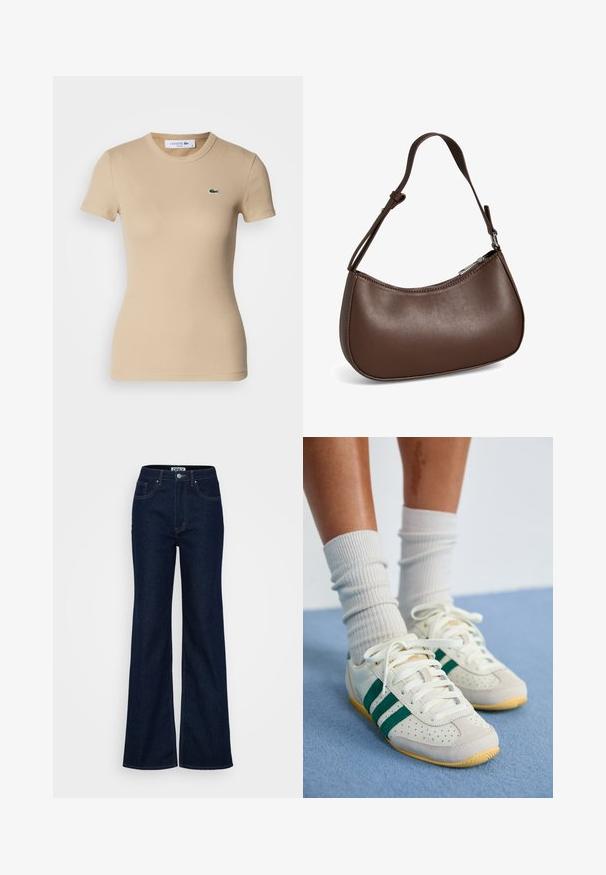 Béžové rebrované bavlnené tričko s krátkymi rukávmi, okrúhlym výstrihom, priliehavým strihom a malým zeleným logom Lacoste na ľavom prsníku.; ONLY Tall ONLJUICY WIDE RINSE - Široké nohavice - dark blue denim; Nohy v bielych teniskách so zelenými pruhmi a bielych rebrovaných ponožkách stojace na svetlomodrom koberci.; Malá hnedá kožená kabelka cez rameno s nastaviteľným popruhom a zapínaním na zips, zobrazená na bielom pozadí. Bez viditeľného loga alebo ozdôb.