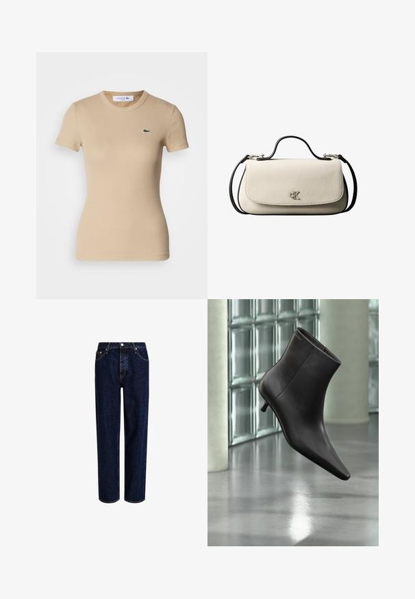 T-shirt en coton côtelé beige à manches courtes, col rond, forme ajustée, avec un petit logo vert Lacoste sur la poitrine gauche.; Jeans en denim bleu foncé avec une coupe droite, dotés d'une taille haute, d'un style à cinq poches et de coutures contrastantes. Sans embellissements.; Bottine en cuir noir avec bout pointu et petit talon, présentée devant un mur en blocs de verre et un sol poli.; Sac à main rectangulaire crème avec bandoulière et poignée noires, fermeture à rabat à l'avant, et petit logo argenté « cK » au centre devant.