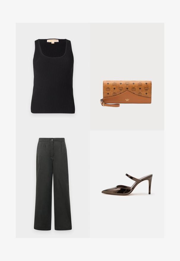 Débardeur noir à côtes avec un décolleté carré et une silhouette ajustée. Texture lisse avec un minimum de détails et une étiquette à l'arrière.; Pantalons larges noirs avec une texture lisse, dotés de plis avant, d'une fermeture à bouton et d'une taille élastique pour plus de confort.; Mule à talon haut marron foncé brillant à bout pointu avec une fine bride sur le coup de pied sur fond blanc uni.; Pochette bracelet en cuir marron avec logos noirs MCM, motifs en losange et un emblème doré sur un panneau avant bicolore.