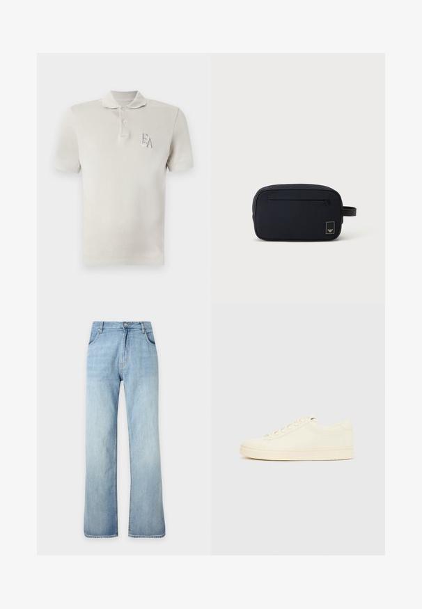 Polo à manches courtes beige clair avec deux boutons et logo brodé "EA" sur le côté gauche de la poitrine.; Jean denim bleu clair à coupe droite avec fermeture avant à boutons et zip, poches avant et passants de ceinture, présenté sur un fond uni.; Baskets couleur crème avec une tige en cuir lisse, bout arrondi, laçage à l'avant et semelle en caoutchouc texturée. Design minimaliste, sans logo.; Trousse de toilette rectangulaire noire avec poche zippée à l'avant et petit patch logo, avec une poignée latérale.