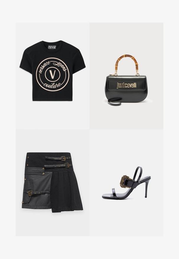 Camiseta de algodón negra con un gran logo circular beige que presenta "Versace Jeans Couture" y una "V" central en una fuente elegante. Con mangas cortas.; Falda negra con detalles en cuero, hebillas y una mezcla de texturas. Incluye un bolsillo en el lado izquierdo y un diseño con pliegues.; Sandalia de tacón alto de charol negro con tiras delgadas y una gran hebilla dorada ornamentada en la tira frontal.; Bolso de cuero negro con el logo dorado "Just Cavalli" en el frente y asa curvada de bambú, con una correa larga desmontable.
