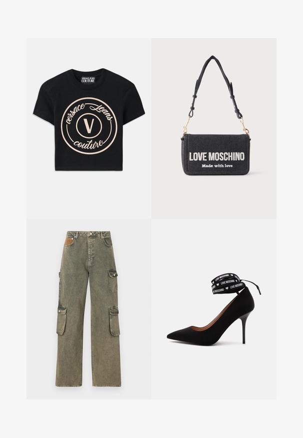 Mustmust värvi puuvillane T-särk, millel on suur beež ümmargune logo, kus on kirjas "Versace Jeans Couture" ning keskel elegantses fondis "V". Lühikesed varrukad.; Hallituspüksid hallikrohelises denimis, millel on kõrge vöökoht, laiad sääred, kaks külgset cargo taskut ja tekstureeritud beež plekk ees.; Must kõrge kontsaga king, mille terava varba ja pahkluu ümber mähitav rihm kannab teksti „LOVE MOSCHINO“ ja väikseid valgeid südame sümboleid.; Must õlakott reguleeritava rihma ja kuldsete klambritega, mille peal on valge tekst "LOVE MOSCHINO Made with love" esiklapil.