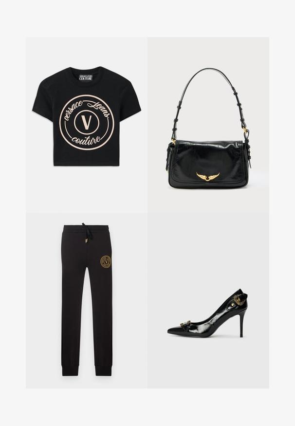 Musta puuvillapaita, jossa on suuri vaalean beige ympyrälogo, jossa lukee "Versace Jeans Couture" ja keskeinen "V" tyylikkäällä fontilla. Lyhyet hihat.; Mustat kapealahkeiset verkkarit, joissa nyöri vyötäröllä ja kultainen Versace Jeans Couture -logoplaatti vasemmassa yläreiden kohdassa.; Mustat kiiltävät korkokengät, joissa on terävä kärki, etuosassa nauhat ja koristeellinen kultatonninen yksityiskohta takana.; Musta nahkainen olkalaukku, jossa on kaareva kansi, kultainen siipikoriste, säädettävä hihna ja sileä, kiiltävä pinta.