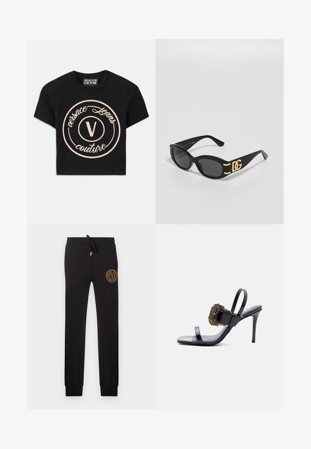 Mustmust värvi puuvillane T-särk, millel on suur beež ümmargune logo, kus on kirjas "Versace Jeans Couture" ning keskel elegantses fondis "V". Lühikesed varrukad.; Mustad slim-fit treeningpüksid, millel on nööriga vöökoht ja kuldne Versace Jeans Couture logo pael ülemise vasaku reieluu piirkonnas.; Mustast lakknahast kõrge kontsaga sandaal, õhukeste rihmade ja suure kaunistatud kuldse pandlaga esimesel rihmal.; Mustad prillid läikiva viimistlusega, ovaalsed läätsed ja kuldsed DG logo aksessuaarid varrastel. Tekstureeritud külgdetailid, voolujooneline disain.