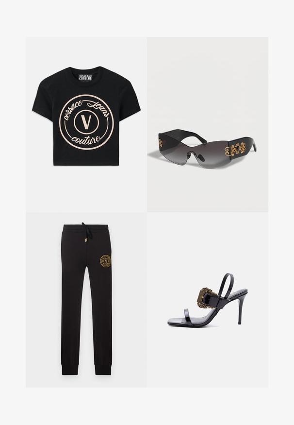 Camiseta de algodón negra con un gran logo circular beige que presenta "Versace Jeans Couture" y una "V" central en una fuente elegante. Con mangas cortas.; Pantalones jogger negros de corte ajustado con cintura ajustable con cordón y parche con el logo dorado de Versace Jeans Couture en la parte superior del muslo izquierdo.; Sandalia de tacón alto de charol negro con tiras delgadas y una gran hebilla dorada ornamentada en la tira frontal.; Gafas de sol envolventes negras con lentes de degradado oscuro y decoraciones doradas ornamentadas en las patillas anchas.