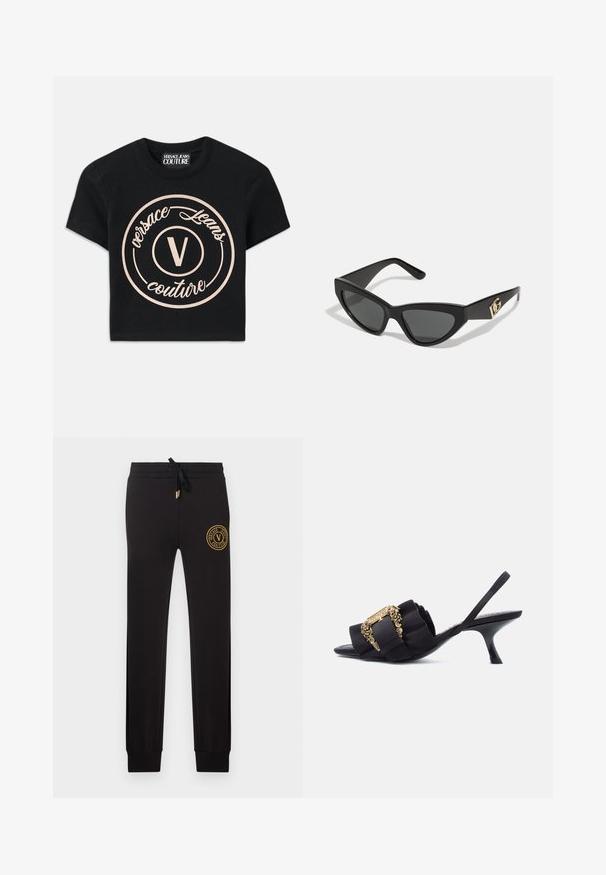 Camiseta de algodón negra con un gran logo circular beige que presenta "Versace Jeans Couture" y una "V" central en una fuente elegante. Con mangas cortas.; Pantalones jogger negros de corte ajustado con cintura ajustable con cordón y parche con el logo dorado de Versace Jeans Couture en la parte superior del muslo izquierdo.; Zapato de tacón tipo slingback negro con tira recogida y detalle de hebilla dorada ornamentada sobre fondo blanco.; Gafas de sol estilo cat-eye con un marco de plástico negro mate, lentes oscuros y un acento dorado del logo en la patilla. Diseño angular y textura suave.