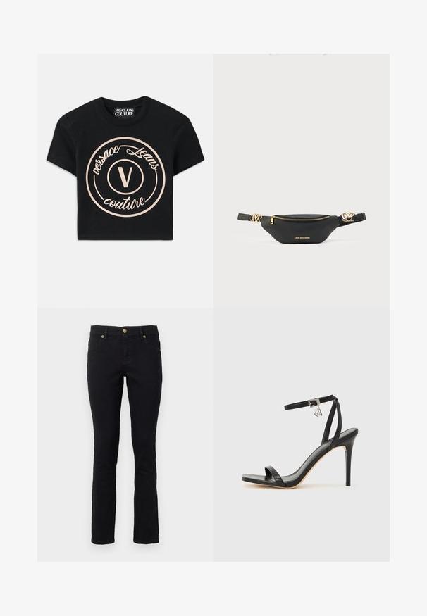 Zwarte katoenen t-shirt met een groot beige cirkelvormig logo waarop "Versace Jeans Couture" staat en een centraal "V" in een elegante lettertype. Korte mouwen.; Zwarte denim jeans met een rechte snit, vijf-pocket ontwerp, knoopsluiting en gouden hardware accenten. Zachte textuur met minimale details.; Zwarte sandaal met hoge hak, smalle enkelband, vierkante neus, soepel leermateriaal en metalen gespsluiting.; Zwarte leren heuptas met gouden hardware, ritssluiting en logodetail. Heeft een gestructureerd lichaam en gestileerde riemaccenten.