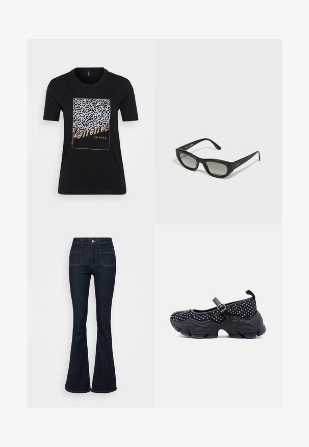 Sort bomuld T-shirt med leopardmønster og gyldent tekst, der står "femmes FUTURE" inden for en rektangulær ramme.; Mørkeblå flagrende jeans lavet af denim, med høj talje, fem lommer og kontrastsyninger langs sømmene. Glat tekstur.; Sort Mary Jane-sko med tyk tekstureret sål, øverst dekoreret med nitter og justerbar rem med spændelukning, vist i profil mod hvid baggrund.; Sorte solbriller med en slank, rektangulær ramme. Udstyret med mørke gradientlinser og guld "vogue" branding på stængerne.