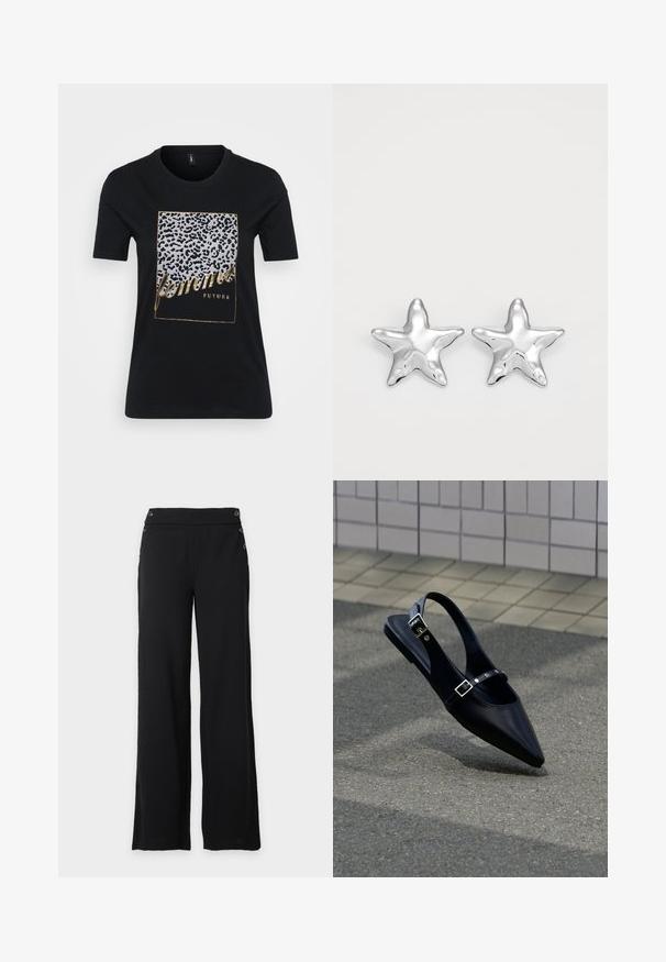 Sort bomuld T-shirt med leopardmønster og gyldent tekst, der står "femmes FUTURE" inden for en rektangulær ramme.; Sorte bukser med brede ben, høj talje og dekorative knapper foran og i siderne.; Sort flad slingback med spids tå og dobbelte spænder, hvilende på grå asfalt nær flisevæg.; Sølvstjernede øreringe med en poleret, blank overflade. Hver ørering har fem spidser og subtile teksturdetaljer på overfladen.