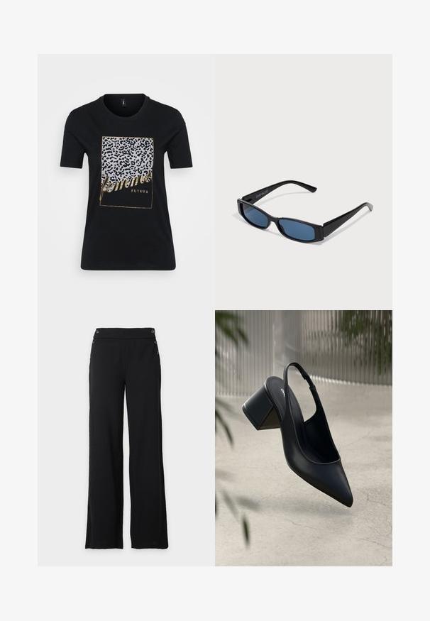 Sort bomuld T-shirt med leopardmønster og gyldent tekst, der står "femmes FUTURE" inden for en rektangulær ramme.; Sorte bukser med brede ben, høj talje og dekorative knapper foran og i siderne.; Sort læder slingback hæl med spids tå og blokhæl. Glat tekstur, minimalistisk design og justerbar ankelrem.; Sorte solbriller med en slank rektangulær ramme og blå linser. Har en glat overflade og robuste stænger. Mærkets logo på siden.