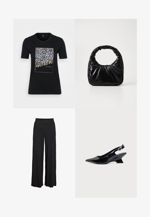 Sort bomuld T-shirt med leopardmønster og gyldent tekst, der står "femmes FUTURE" inden for en rektangulær ramme.; Sorte bukser med vide ben, høj elastisk talje og subtil ribbet struktur, designet til en løs og behagelig pasform.; Sort laklæder slingback sko med spids tå og lav vinklet blokhæl på ensartet lys baggrund.; Sort polstret håndtaske med et rundt håndtag, der har en glat, skinnende overflade og en blød, kviltet tekstur. Ingen synlige hardware eller accenter.