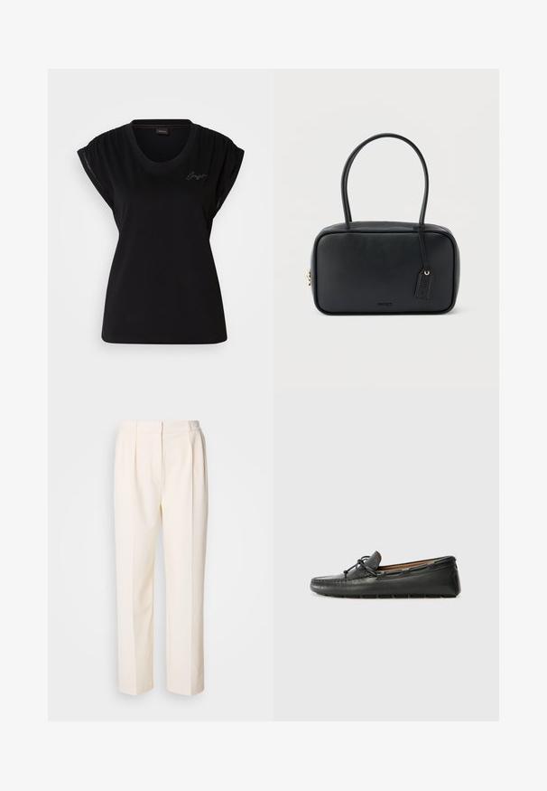 Camiseta negra de manga corta hecha de algodón con cuello redondo, que presenta detalles fruncidos en los hombros y un sutil acento de logo bordado.; Lacoste Pantalones - lapland; Zapato náutico de cuero negro con punta redondeada, detalles de costura, pequeño lazo decorativo y suela de goma. Textura suave y diseño aerodinámico.; Bolso rectangular negro con asas dobles redondeadas, cremallera dorada y logo "HUGO" en relieve en el frente con etiqueta de cuero adjunta.