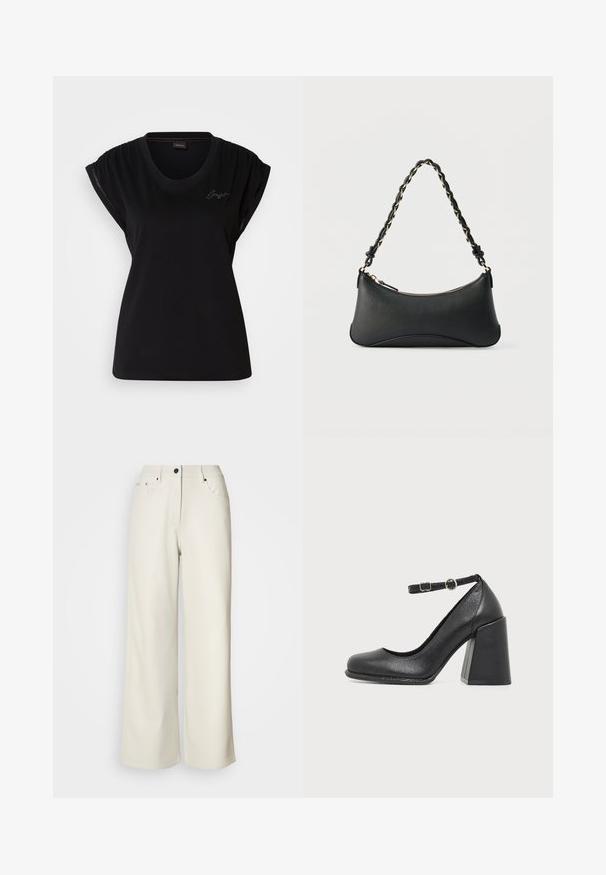 Sort kortærmet T-shirt lavet af bomuld med rund halsudskæring, har detaljer med samlet skulder og en diskret broderet logoaccent.; Cremefarvede bukser med brede ben lavet af glat stof. Har en mellemhøj talje, lynlås i gulvet og to frontlommer med sorte hardware accenter.; Sort læder højhælet sko med rundet tå og en tyk blokhæl, med en justerbar ankelrem med en lille rund spænde.; Sort skuldertaske i læder med en buet rektangulær form, gyldent kæde vævet ind i en flettet sort rem og toplynlås.