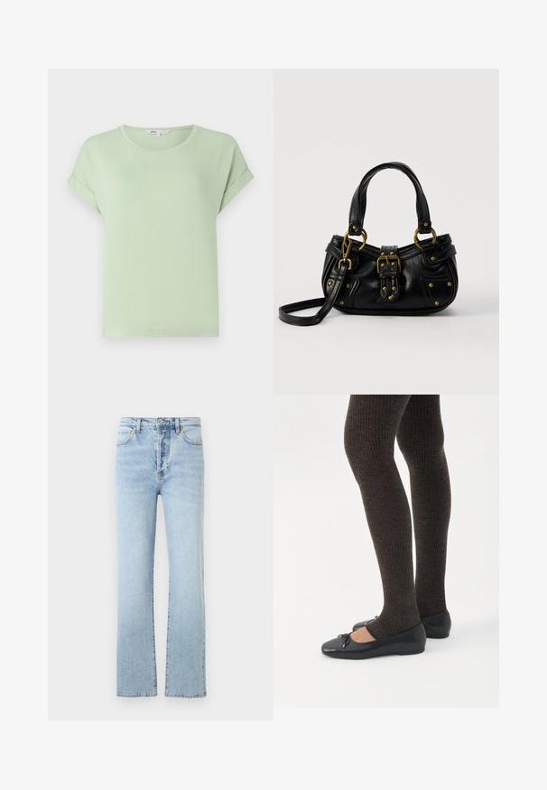T-shirt vert clair en tissu doux, avec un col rond et des manches courtes retroussées. Coupe simple et décontractée sans motifs ni accents.; Jean en denim bleu clair avec une coupe droite, dotés d'une taille haute, d'un style classique à cinq poches et d'un léger effet délavé.; Jambes portant des leggings côtelés foncés associés à des ballerines noires avec de petits détails en nœud sur fond blanc.; Sac à main en cuir noir avec boucle dorée et détails à rivets, poignées courtes et bandoulière réglable sur fond blanc uni.