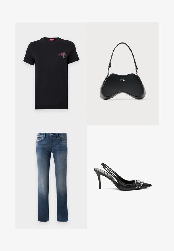 T-shirt noir à manches courtes avec un petit motif de rose rouge et la lettre "D" grise sur le côté gauche de la poitrine, étiquette de marque Diesel rouge à l'intérieur du col.; Jean en denim bleu foncé avec une coupe droite, présentant des détails de décoloration légère sur les cuisses et un style classique à cinq poches.; Talons hauts slingback noirs avec un embout pointu, présentant un détail de boucle en argent brillant et un talon fin. Texture en cuir lisse, design minimaliste.; Sac à main en similicuir noir avec une forme incurvée unique, une poignée courte et un détail de logo argenté sur le devant. Texture lisse, design minimaliste.