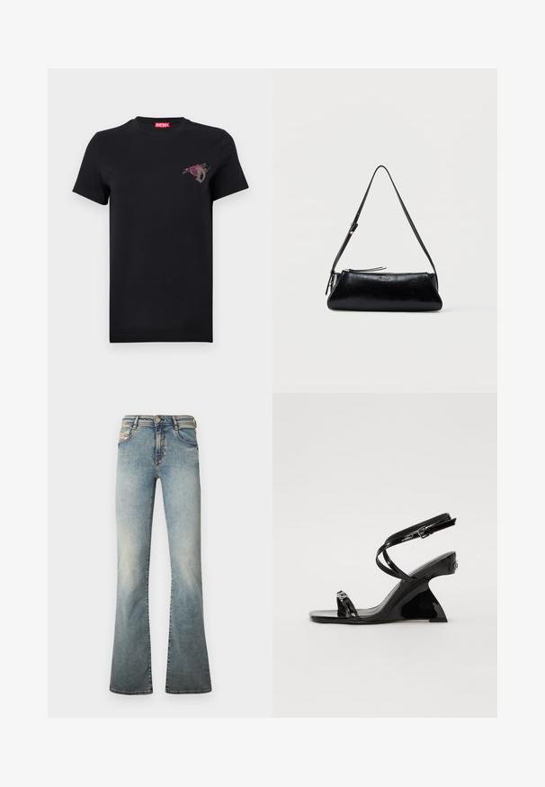 T-shirt noir à manches courtes avec un petit motif de rose rouge et la lettre "D" grise sur le côté gauche de la poitrine, étiquette de marque Diesel rouge à l'intérieur du col.; Jean évasé bleu clair en denim, doté de cinq poches, d'une fermeture par bouton et d'un effet délavé subtil sur les jambes.; Sandale compensée en cuir verni noir avec un design élégant, à bout ouvert, des fines lanières à la cheville et une boucle décorative.; Sac à bandoulière en cuir noir avec une fine sangle réglable, fermeture éclair et petit logo métallique « GUESS » au centre devant.