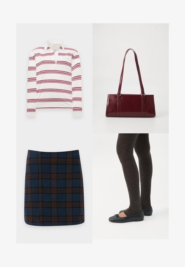 Polo à manches longues en blanc avec des rayures horizontales bordeaux et roses, présentant un col contrasté et un plastron pour un décolleté dégagé.; Jupe mini en tartan bleu marine avec des lignes marron et grises, fabriquée dans un tissu lisse, avec une fente discrète au dos pour plus de liberté de mouvement.; Jambes portant des leggings côtelés foncés associés à des ballerines noires avec de petits détails en nœud sur fond blanc.; Sac à main bordeaux en matériau brillant, de forme rectangulaire, avec deux anses et des accents légèrement courbés à l'avant.