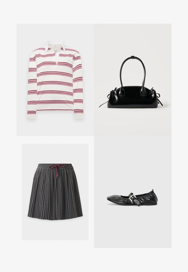 Polo à manches longues en blanc avec des rayures horizontales bordeaux et roses, présentant un col contrasté et un plastron pour un décolleté dégagé.; Jupe plissée gris foncé avec une taille élastique et un cordon bordeaux noué au centre devant.; Chaussure plate en cuir noir avec un nez pointu, des détails froncés autour de l'ouverture et un accent en boucle argentée sur la bride ajustable.; Petit sac à main noir brillant avec deux longues anses et des détails à cordon sur les côtés sur un fond clair uni.