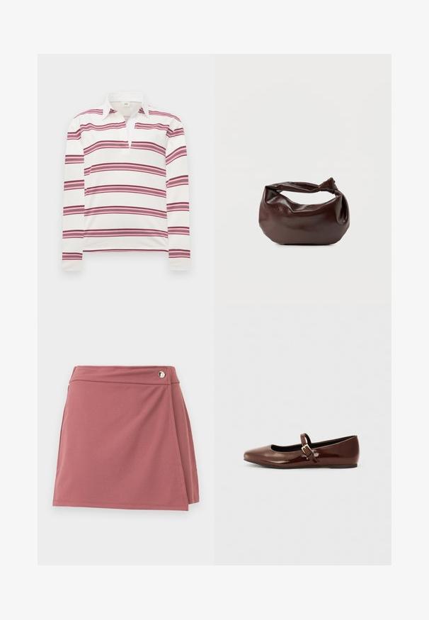 Polo à manches longues en blanc avec des rayures horizontales bordeaux et roses, présentant un col contrasté et un plastron pour un décolleté dégagé.; Jupe portefeuille courte en rose poussiéreux avec un petit bouton argenté près de la ceinture sur un fond clair uni.; Ballerine en cuir verni marron avec un bout carré et une lanière ornée d'une petite boucle dorée. Texture lisse, talon bas et design minimaliste.; Sac bandoulière en cuir marron foncé avec une forme souple et décontractée et une anse nouée torsadée sur un fond blanc uni.