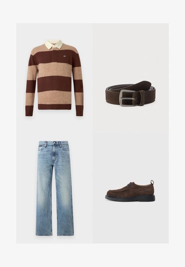 Langärmliges Rugby-Shirt mit breiten horizontalen braunen und beige gestreiften Mustern sowie einem cremefarbenen Kragen, das ein kleines gesticktes Logo auf der Brust präsentiert.; Hellblaue Jeans mit geradem Bein, hohem Bund, fünf Taschen, Knopfverschluss und dezentem Verblassen an Oberschenkeln und Knien.; Braune Wildlederschuhe mit runder Spitze, grauen Schnürsenkeln und einer schwarzen Gummisohle. Mit einem kleinen geprägt Logo an der Ferse.; Brauner Wildledergürtel mit einer silberfarbenen Metallschnalle, doppelter Steppnaht und glatter Oberfläche mit abgerundeter Spitze.