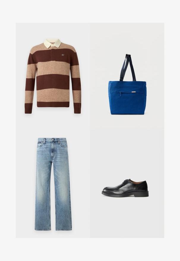 Camisa de rugby de manga larga con amplias rayas horizontales en marrón y beige y un cuello color crema, con un pequeño logo bordado en el pecho.; Vaqueros de mezclilla azul claro de corte recto con cintura alta, cinco bolsillos, cierre de botón y sutil desgaste en los muslos y las rodillas.; Zapato de vestir de cuero negro con punta redonda, superficie lisa, detalles de cordones y suela de goma texturizada baja. Líneas limpias y diseño minimalista.; Bolsa de lona azul con un bolsillo frontal con cremallera, correas dobles para el hombro y forma rectangular. Cuenta con una etiqueta de marca sutil.