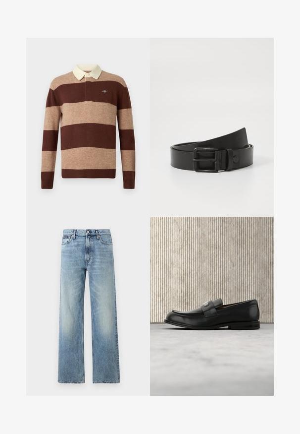 Rugbyshirt met lange mouwen, voorzien van brede horizontale bruine en beige strepen en een crèmekleurige kraag, met een klein geborduurd logo op de borst.; Lichtblauwe denim jeans met rechte pijpen, een hoge taille, vijf zakken, knoopsluiting en subtiele vervaging op de dijen en knieën.; Zwarte leren loafer met een metalen merktekenplaatje, rustend bij een bruine ronde tafel op een beige tapijtvloer.; Zwarte leren riem met een rechthoekige metalen gesp. Heeft een gladde textuur en een minimalistisch ontwerp, rolt lichtjes op aan het einde.