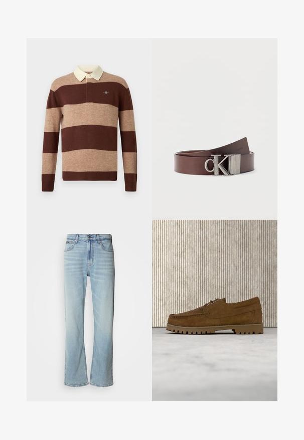 Rugbyshirt met lange mouwen, voorzien van brede horizontale bruine en beige strepen en een crèmekleurige kraag, met een klein geborduurd logo op de borst.; Lichtblauwe denim jeans met een rechte pijp, voorzien van vijf zakken, een knoopsluiting en subtiele vervaging op de stof.; Bruine suède veterschoen met dikke geribbelde zool, zwevend boven een beige tapijt, met een bruine ovaalvormige tafel op de achtergrond.; Bruine leren riem opgerold met metalen "CK" logo gesp, minimalistisch ontwerp op een effen witte achtergrond.