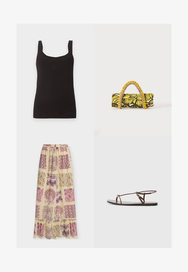 Débardeur noir côtelé sans manches avec encolure carrée et larges bretelles, avec un petit logo discret au centre devant.; Jupe longue beige avec taille élastique, présentant des motifs patchwork floraux et géométriques violets, roses et dorés avec un ourlet volanté.; Sandale en cuir marron avec des fines lanières, un accent circulaire doré et une semelle plate. Design minimaliste avec un détail de boucle réglable.; Sac rectangulaire avec motif floral jaune et noir et anse tressée jaune et rose sur fond blanc.